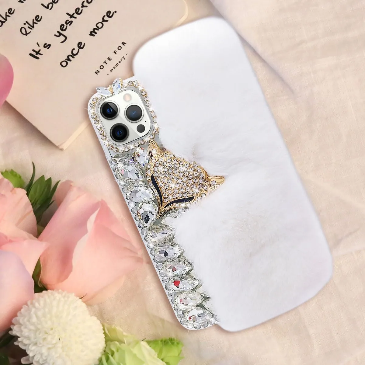Losin Compatible with iPhone 16 Pro Max Plush Furry Case with Luxury Bling Diamond Rhinestones Cute 3D Fox Head Women Girls Winter Warm Shockproof Protective Cover for iPhone 16 Pro Max, White