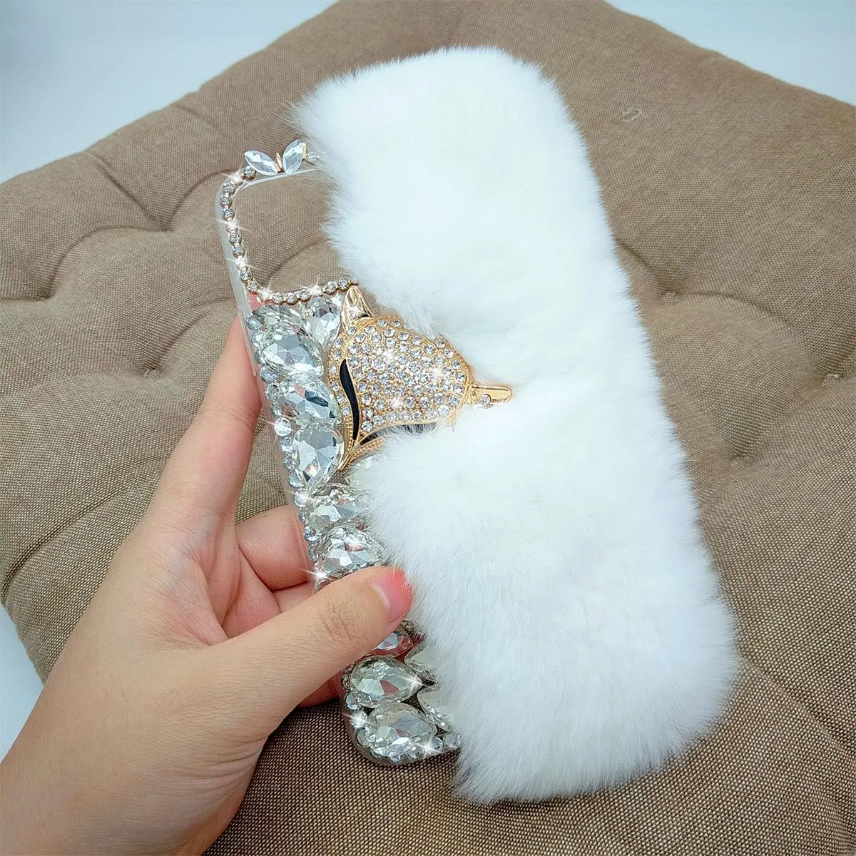 Losin Compatible with iPhone 16 Pro Max Plush Furry Case with Luxury Bling Diamond Rhinestones Cute 3D Fox Head Women Girls Winter Warm Shockproof Protective Cover for iPhone 16 Pro Max, White