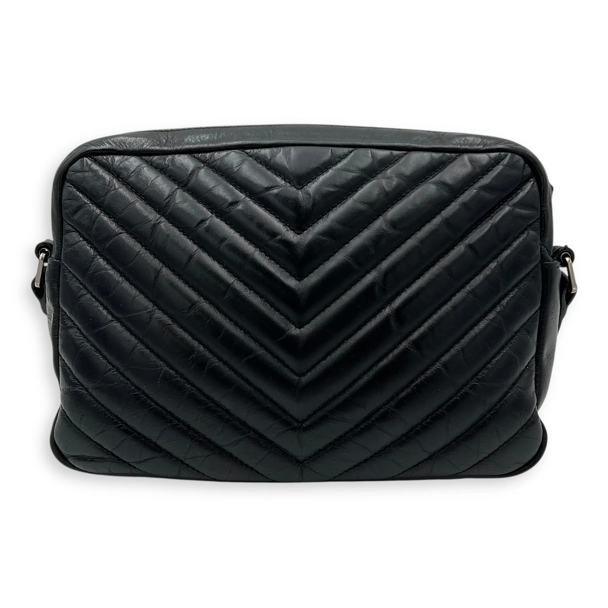 Lou Camera Shoulder Bag Black in Crinkled calfskin, Silver hardware