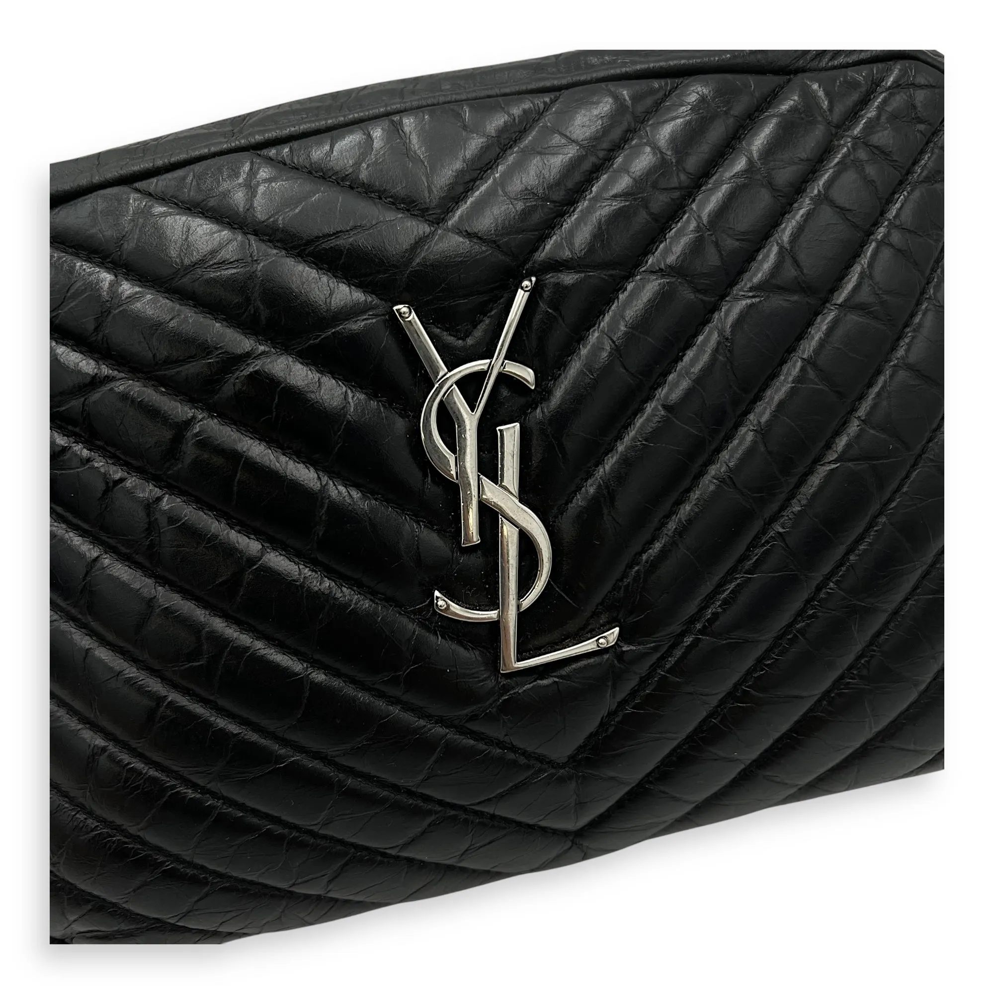 Lou Camera Shoulder Bag Black in Crinkled calfskin, Silver hardware