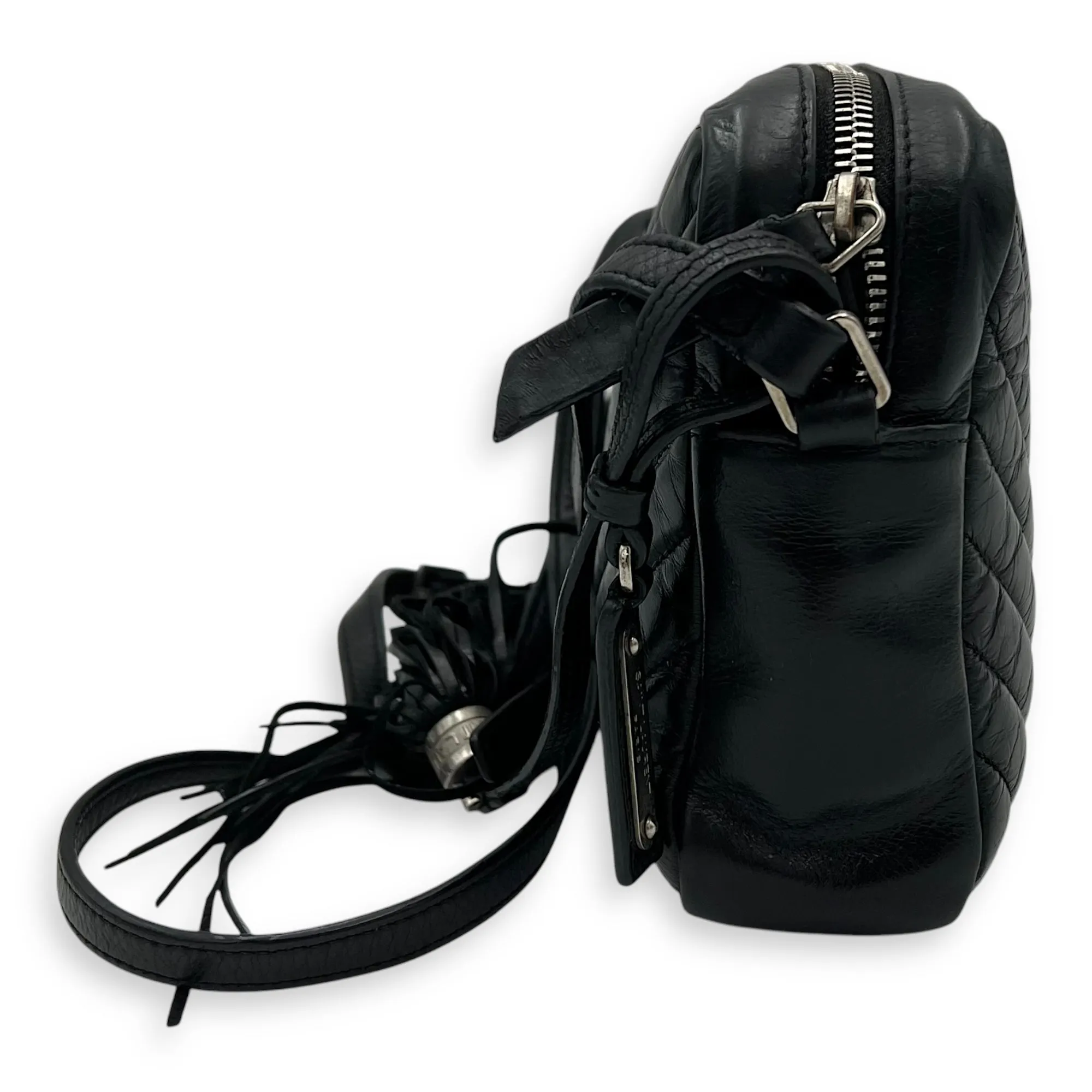 Lou Camera Shoulder Bag Black in Crinkled calfskin, Silver hardware
