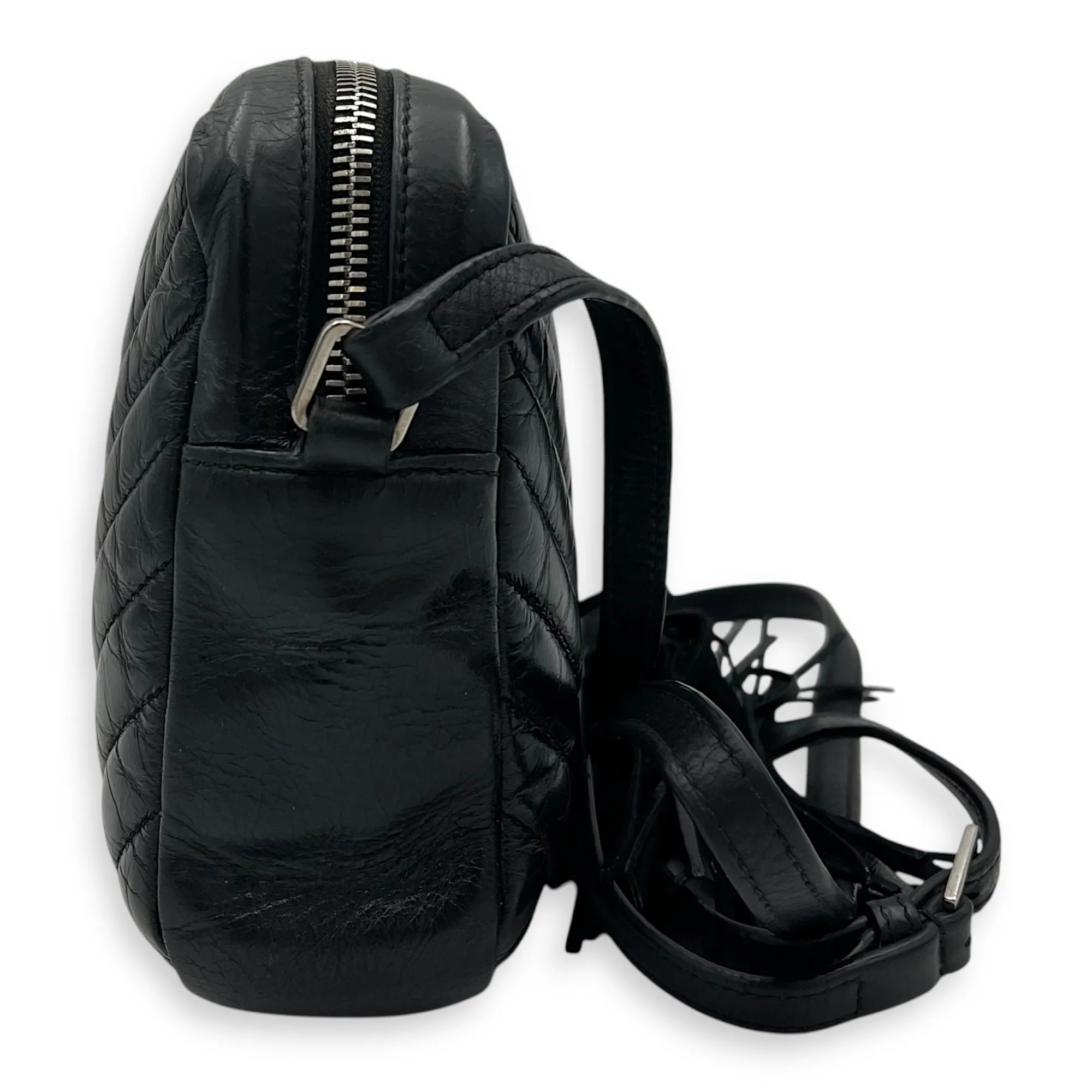 Lou Camera Shoulder Bag Black in Crinkled calfskin, Silver hardware