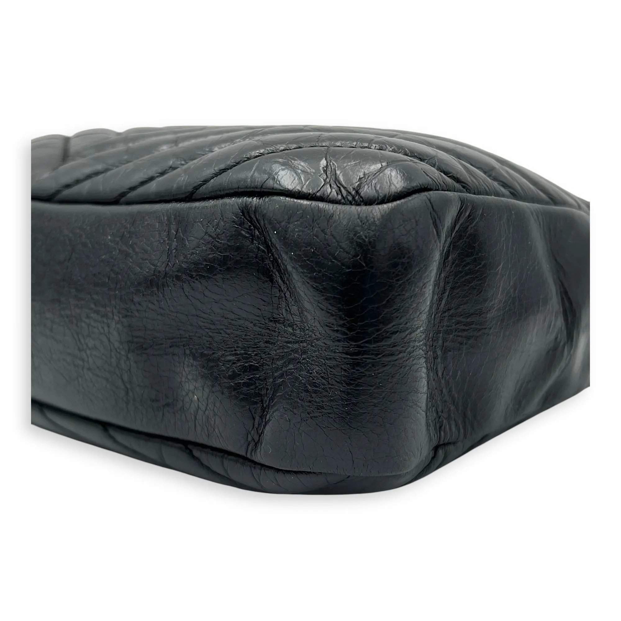 Lou Camera Shoulder Bag Black in Crinkled calfskin, Silver hardware