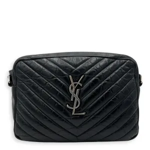 Lou Camera Shoulder Bag Black in Crinkled calfskin, Silver hardware