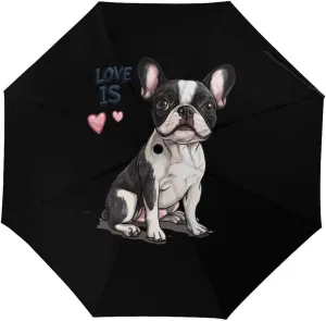 Love Is Boston Terrier Bostie Travel Umbrella for Rain Windproof Portable Folding Umbrella