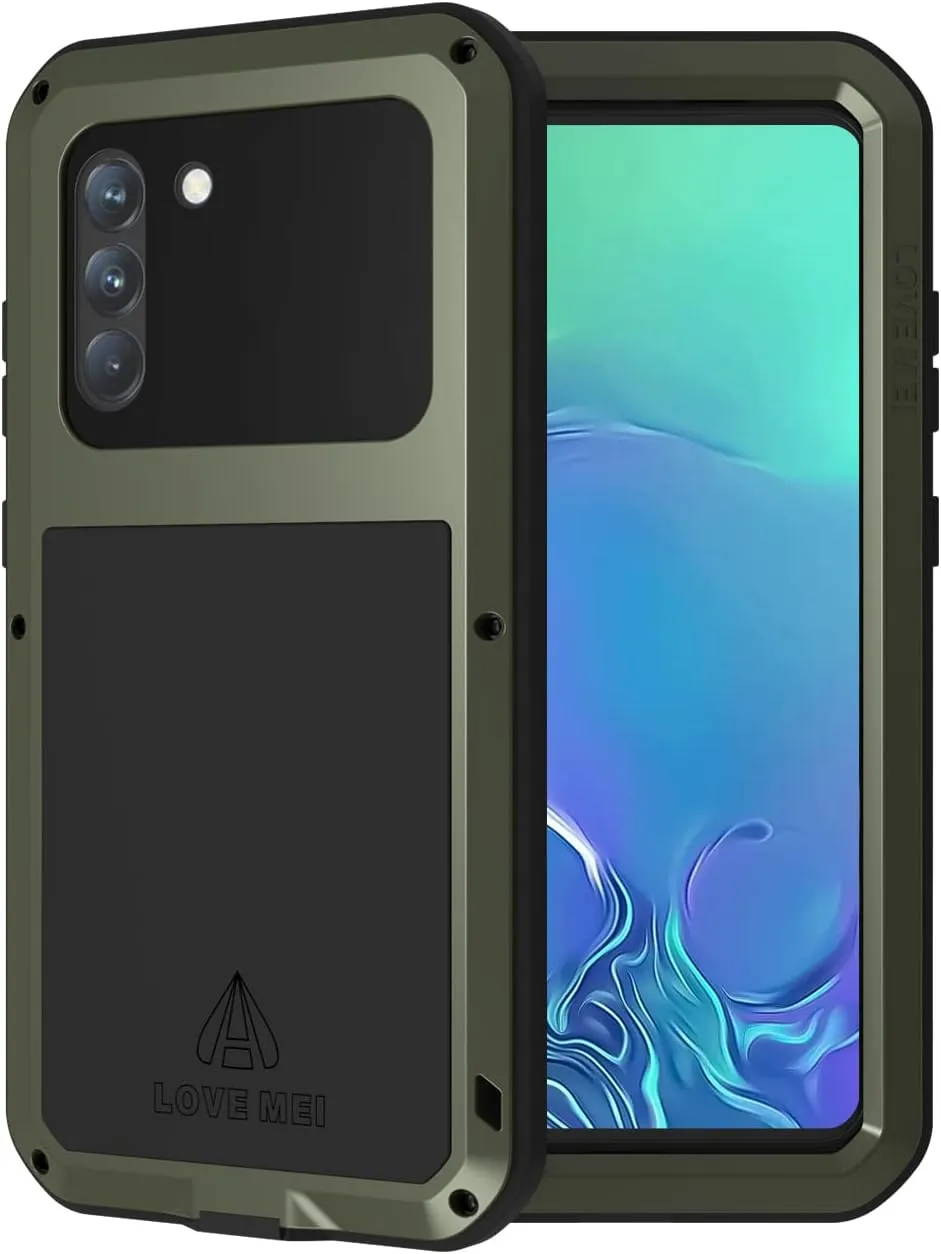 LOVE MEI Military Rugged Case for Samsung Galaxy S21 Fe, with Tempered Glass Screen Protector, Shockproof Dustproof Scratch Proof Hybrid Metal and Silicone Gel Heavy Duty Full Body Cover Green