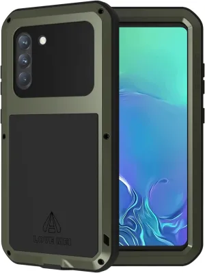 LOVE MEI Military Rugged Case for Samsung Galaxy S21 Fe, with Tempered Glass Screen Protector, Shockproof Dustproof Scratch Proof Hybrid Metal and Silicone Gel Heavy Duty Full Body Cover Green