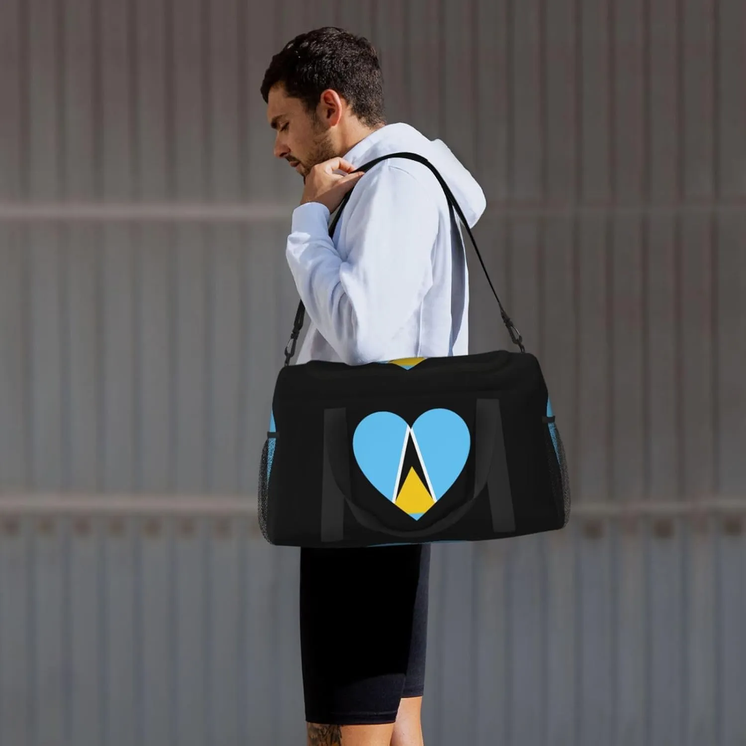Love Saint Lucia Flag Travel Duffel Bag Large Foldable Waterproof Overnight Bag For Beach Swim Bags Pool Sports Gym