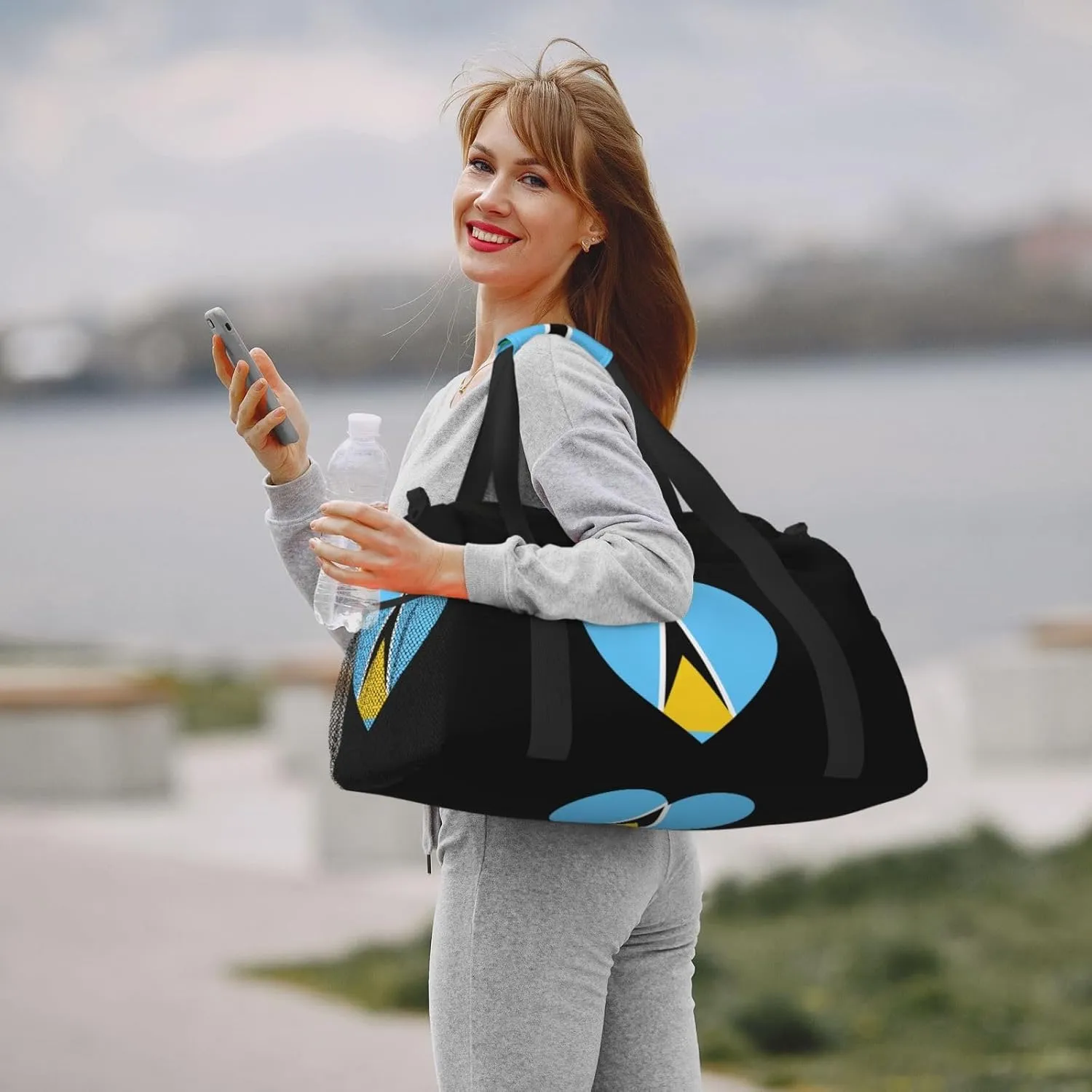Love Saint Lucia Flag Travel Duffel Bag Large Foldable Waterproof Overnight Bag For Beach Swim Bags Pool Sports Gym