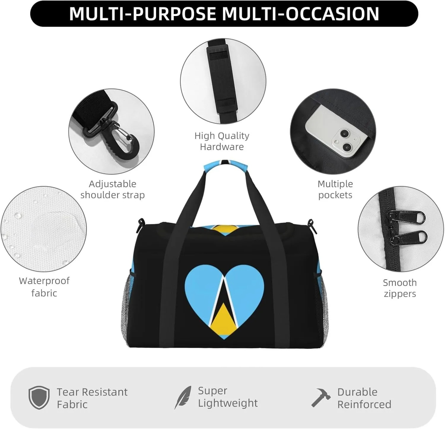Love Saint Lucia Flag Travel Duffel Bag Large Foldable Waterproof Overnight Bag For Beach Swim Bags Pool Sports Gym