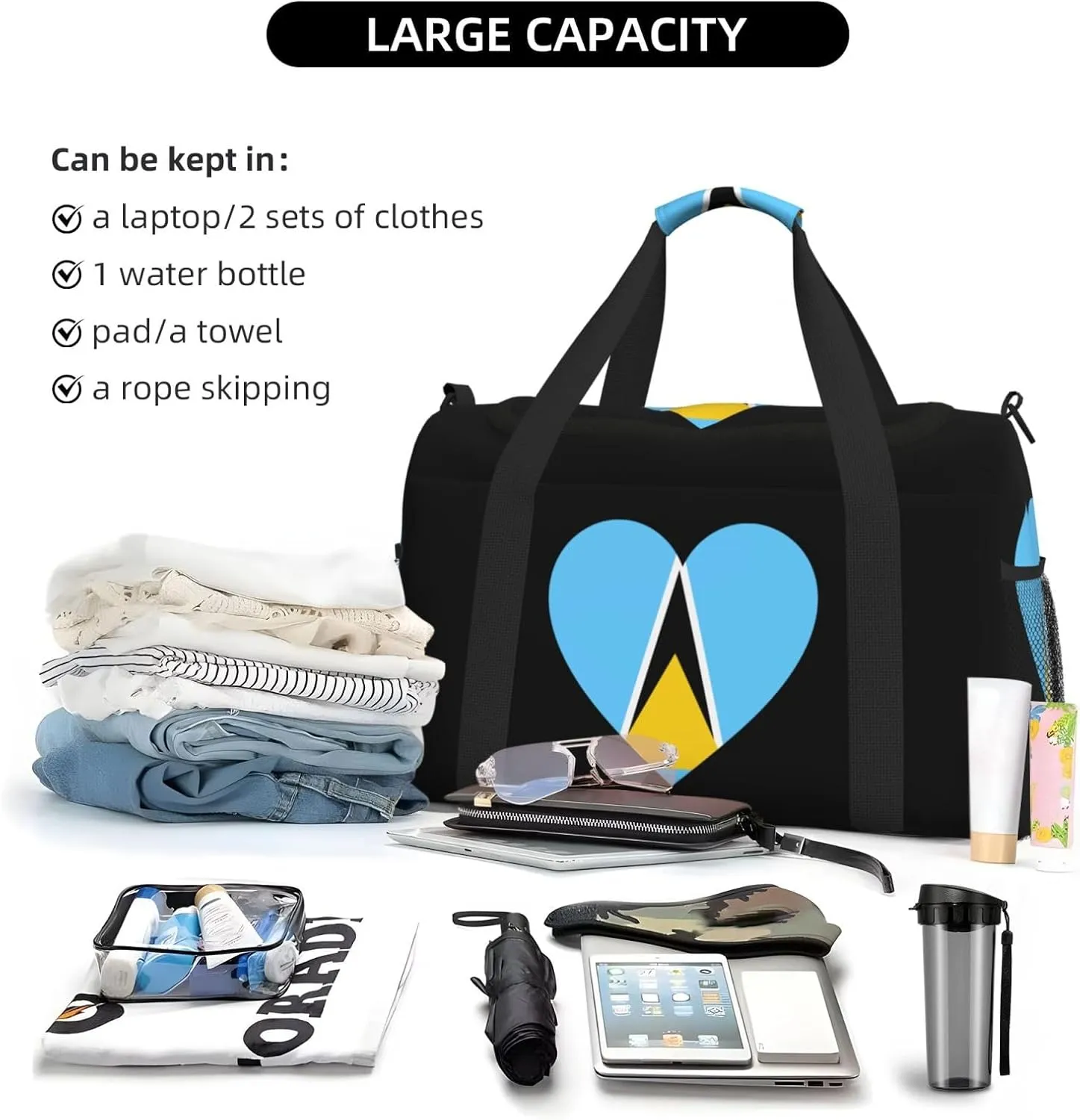 Love Saint Lucia Flag Travel Duffel Bag Large Foldable Waterproof Overnight Bag For Beach Swim Bags Pool Sports Gym