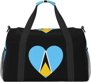 Love Saint Lucia Flag Travel Duffel Bag Large Foldable Waterproof Overnight Bag For Beach Swim Bags Pool Sports Gym