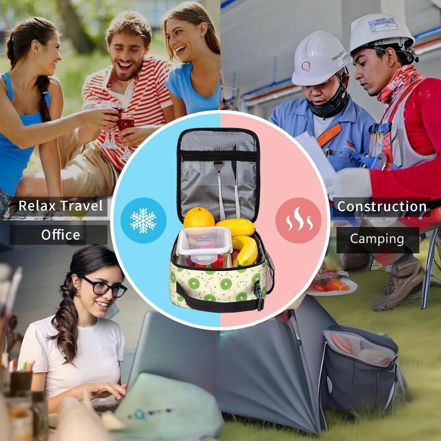Lunch Box Lunch Bag for Women and Men, Insulated Lunch Box Cooling Tote Reusable Leakproof with Side Pockets, Lunch Tote Bags for Travel/Office/Camping (Kiwi)