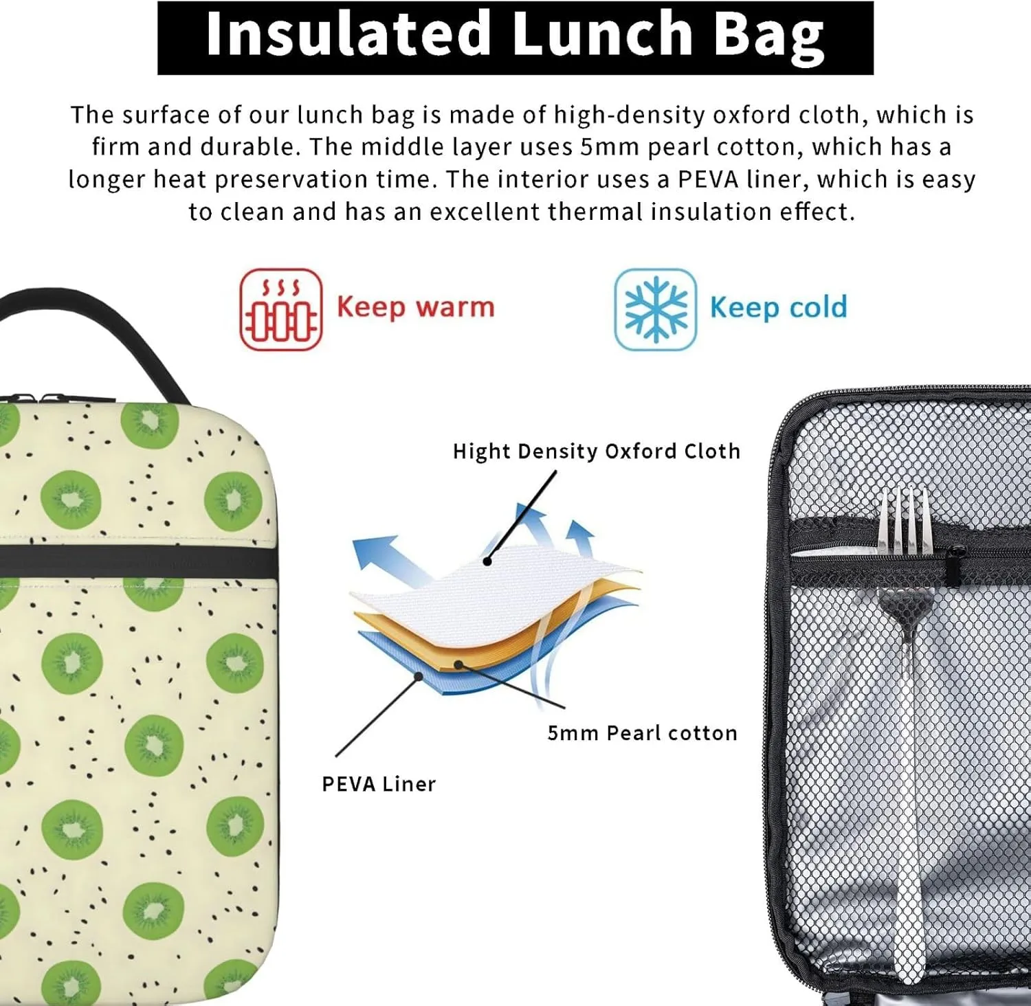 Lunch Box Lunch Bag for Women and Men, Insulated Lunch Box Cooling Tote Reusable Leakproof with Side Pockets, Lunch Tote Bags for Travel/Office/Camping (Kiwi)
