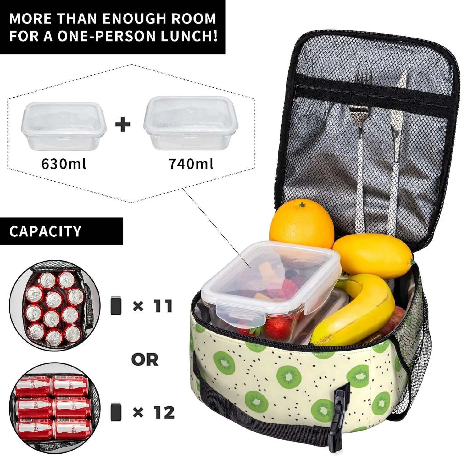 Lunch Box Lunch Bag for Women and Men, Insulated Lunch Box Cooling Tote Reusable Leakproof with Side Pockets, Lunch Tote Bags for Travel/Office/Camping (Kiwi)