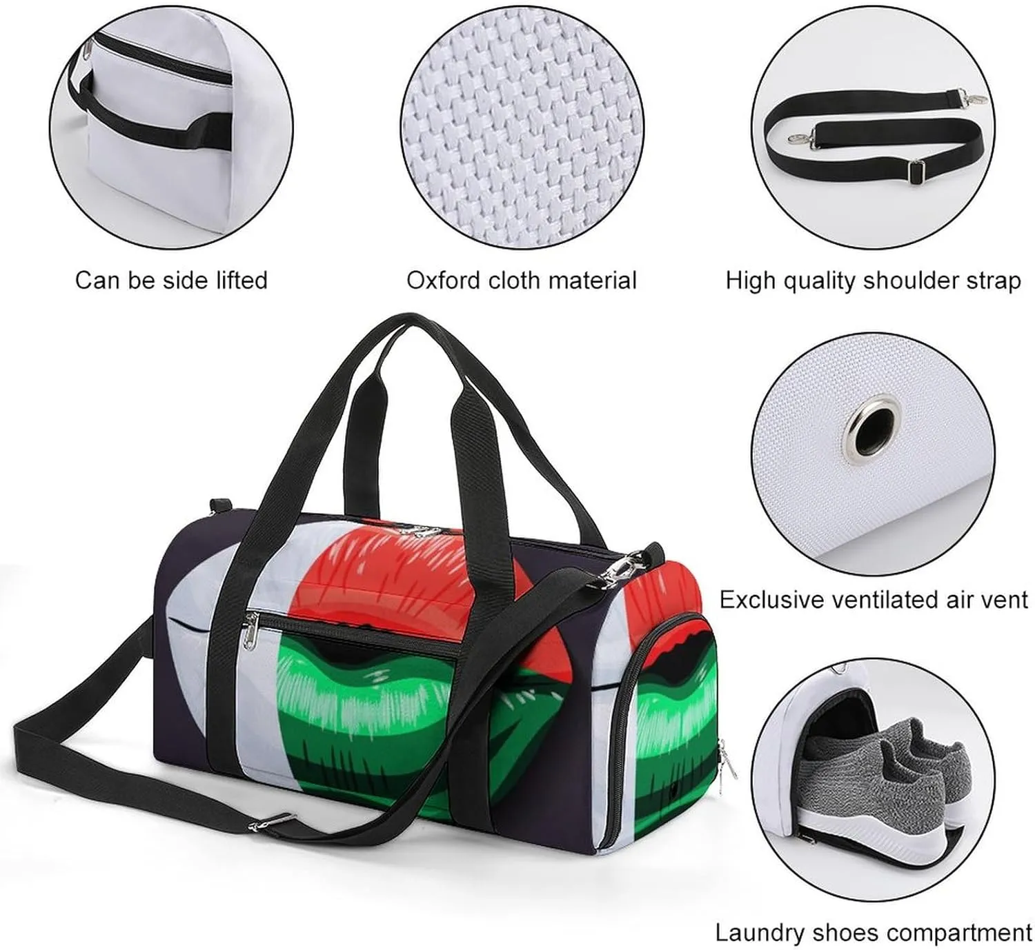 Madagascar Flag Lips Sports Duffel Bag with Waterproof Shoe Compartment for Gym and Travel
