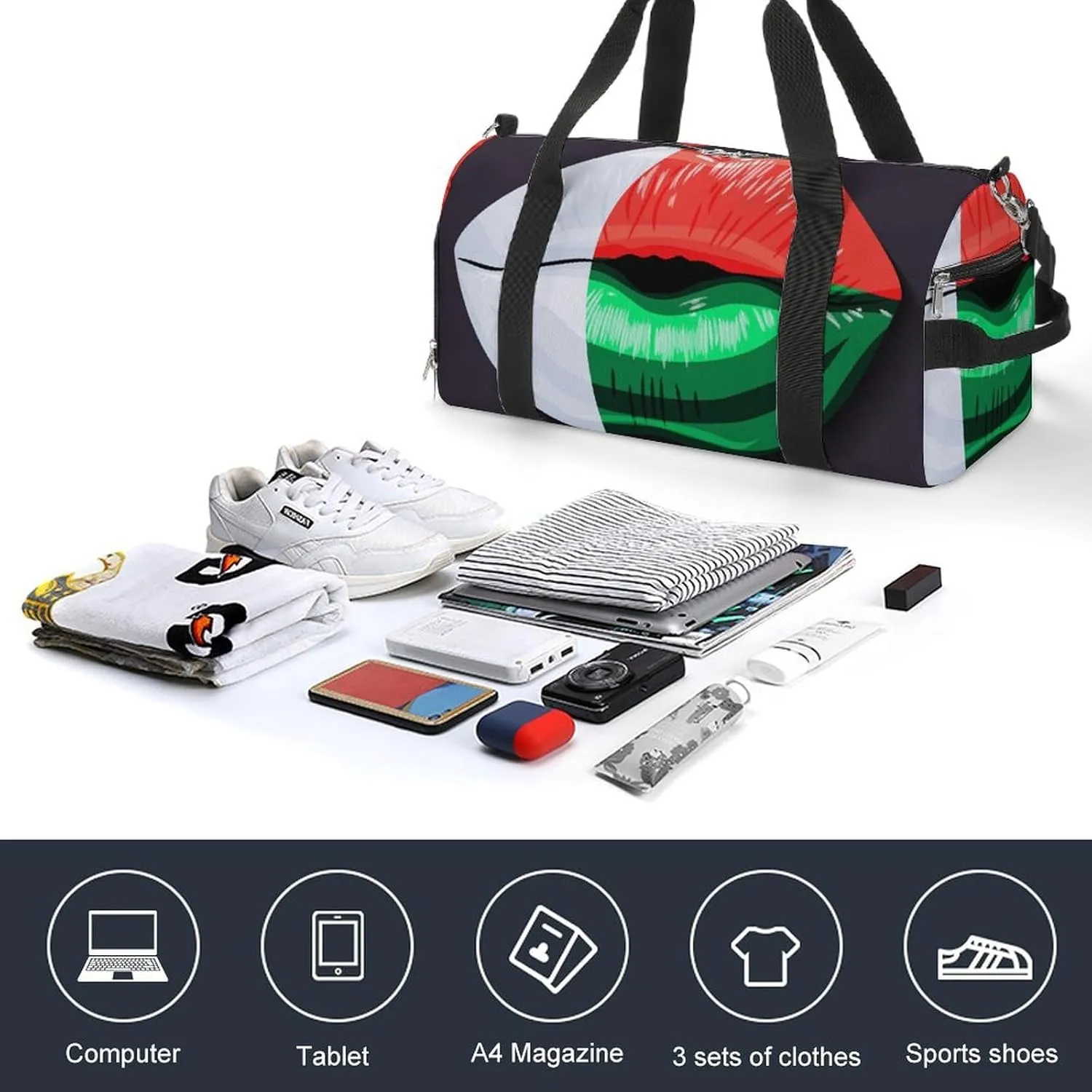 Madagascar Flag Lips Sports Duffel Bag with Waterproof Shoe Compartment for Gym and Travel