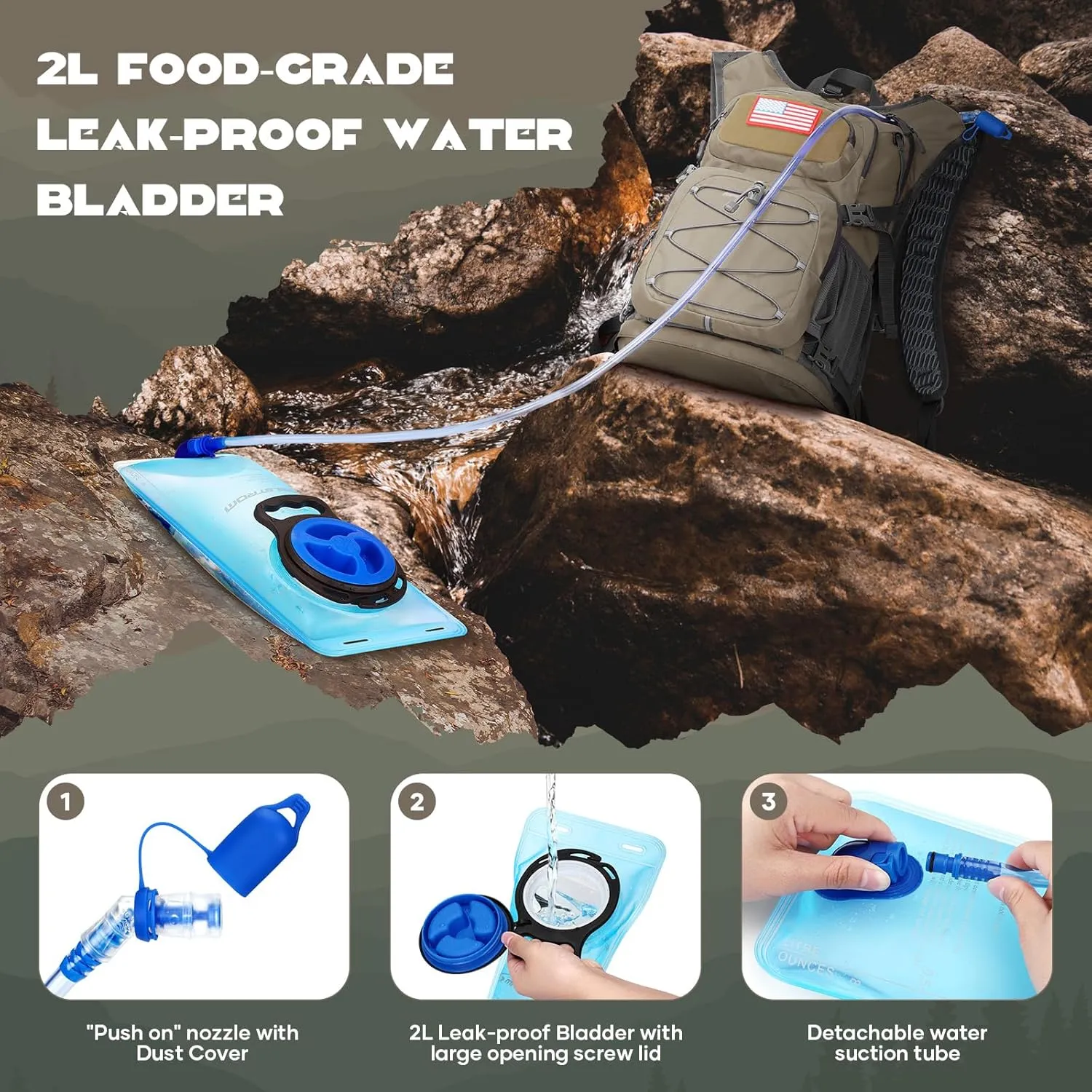 Maelstrom Hydration Backpack, Hiking Backpack with 2L/3L Water Bladder, High Flow Bite Valve Water Backpack Lightweight