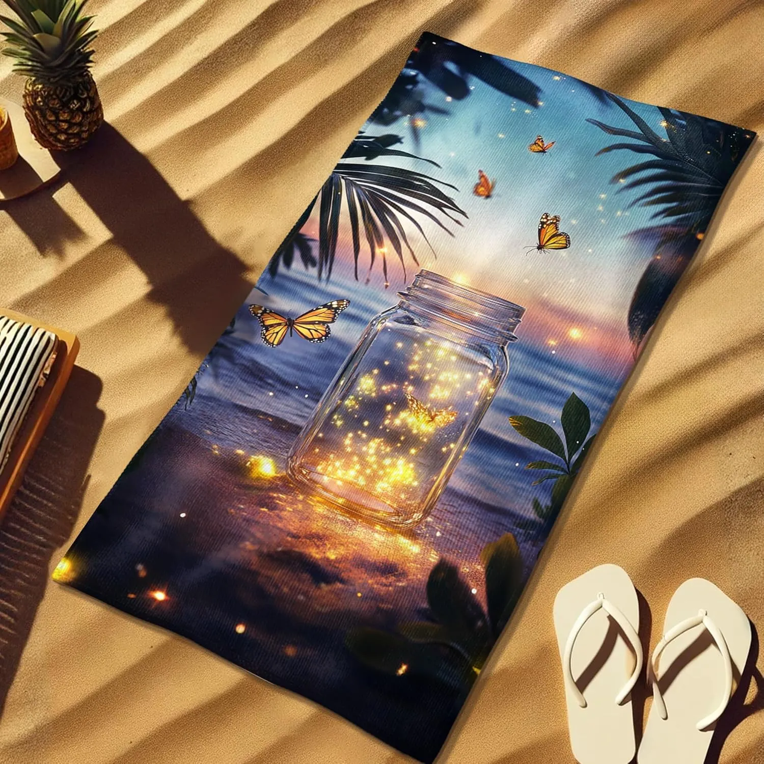 Magical Butterfly Theme Microfiber Beach Towel Sunset Dreams Bath Towel, Quick Dry Absorbent Soft Sand Free Lightweight Beach Blanket, Vacation Pool Picnic Essentials 62x31 Inch
