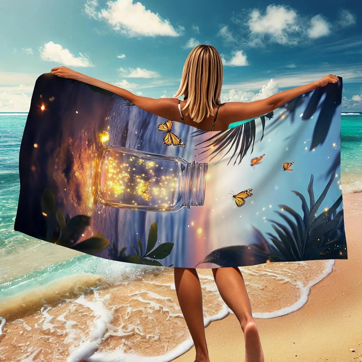 Magical Butterfly Theme Microfiber Beach Towel Sunset Dreams Bath Towel, Quick Dry Absorbent Soft Sand Free Lightweight Beach Blanket, Vacation Pool Picnic Essentials 62x31 Inch