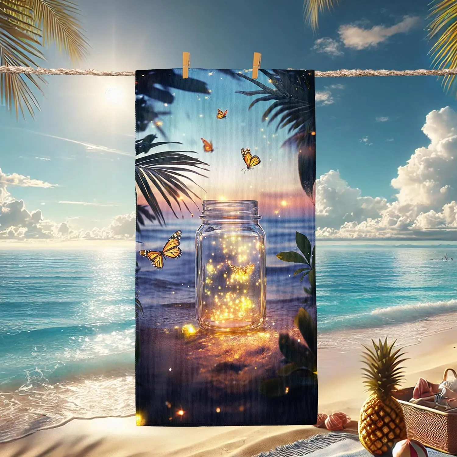 Magical Butterfly Theme Microfiber Beach Towel Sunset Dreams Bath Towel, Quick Dry Absorbent Soft Sand Free Lightweight Beach Blanket, Vacation Pool Picnic Essentials 62x31 Inch