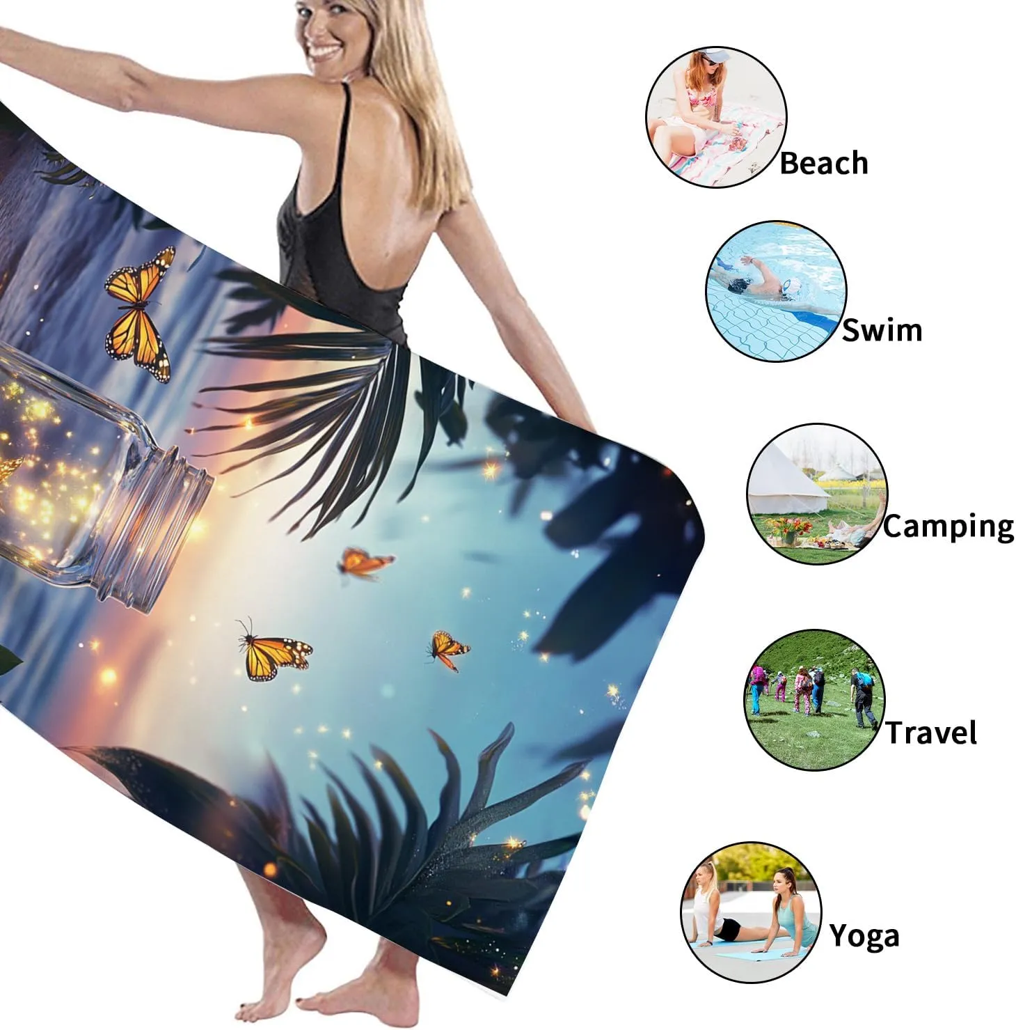 Magical Butterfly Theme Microfiber Beach Towel Sunset Dreams Bath Towel, Quick Dry Absorbent Soft Sand Free Lightweight Beach Blanket, Vacation Pool Picnic Essentials 62x31 Inch