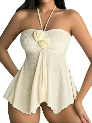 MakeMeChic Women's 3D Flower Tankini Swimsuits Set Textured Halter Ruffle Hem 2 Piece Bathing Suits