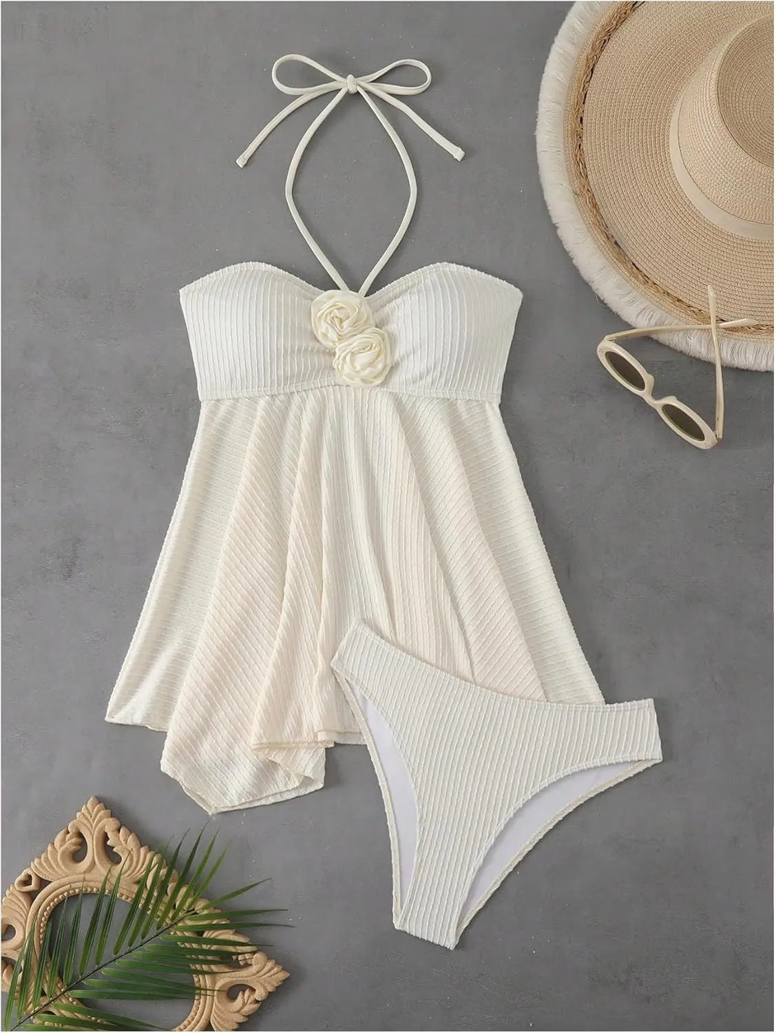 MakeMeChic Women's 3D Flower Tankini Swimsuits Set Textured Halter Ruffle Hem 2 Piece Bathing Suits