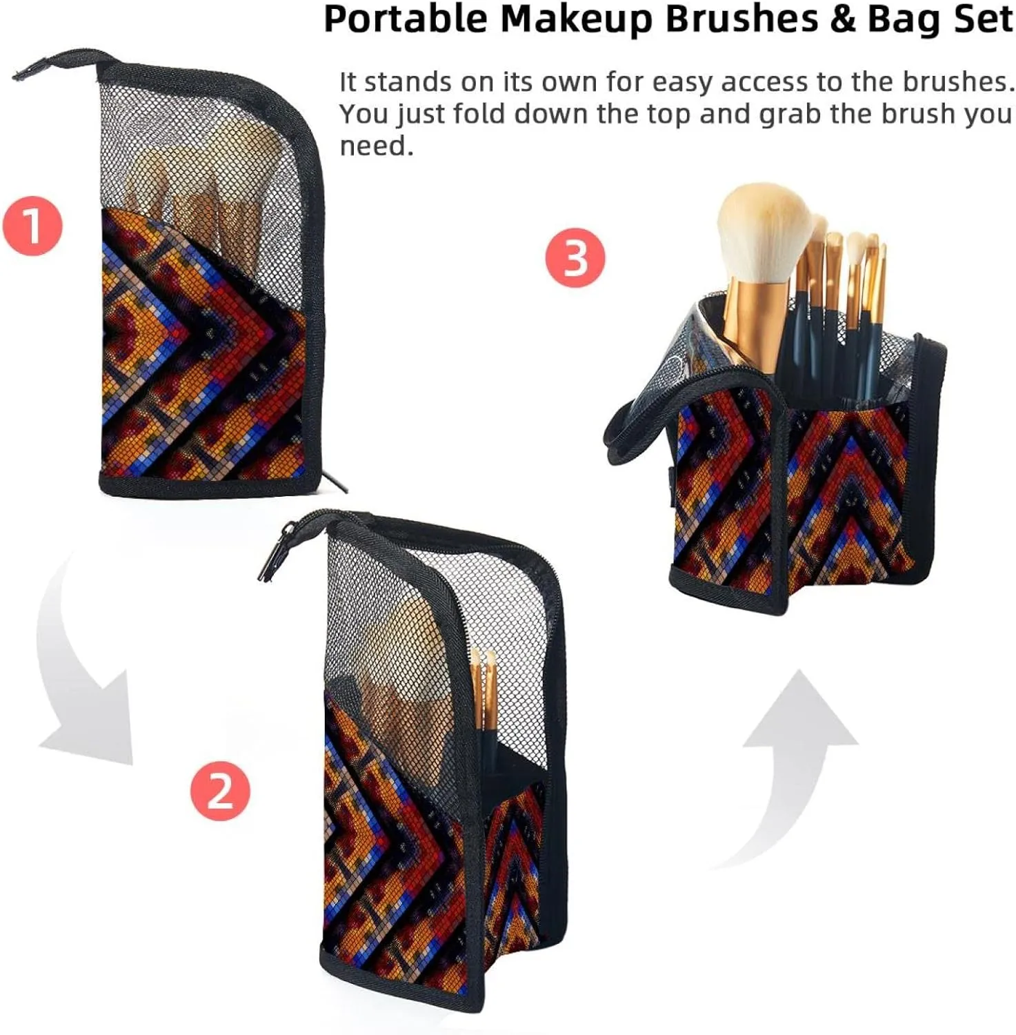 Makeup Brush Organizer Bag, Portable Travel Cosmetic Brush Case with 12 Makeup Brushes, Artistic Geometric Pattern Foldable Makeup Cup for brushes, Eyebrow Pencil