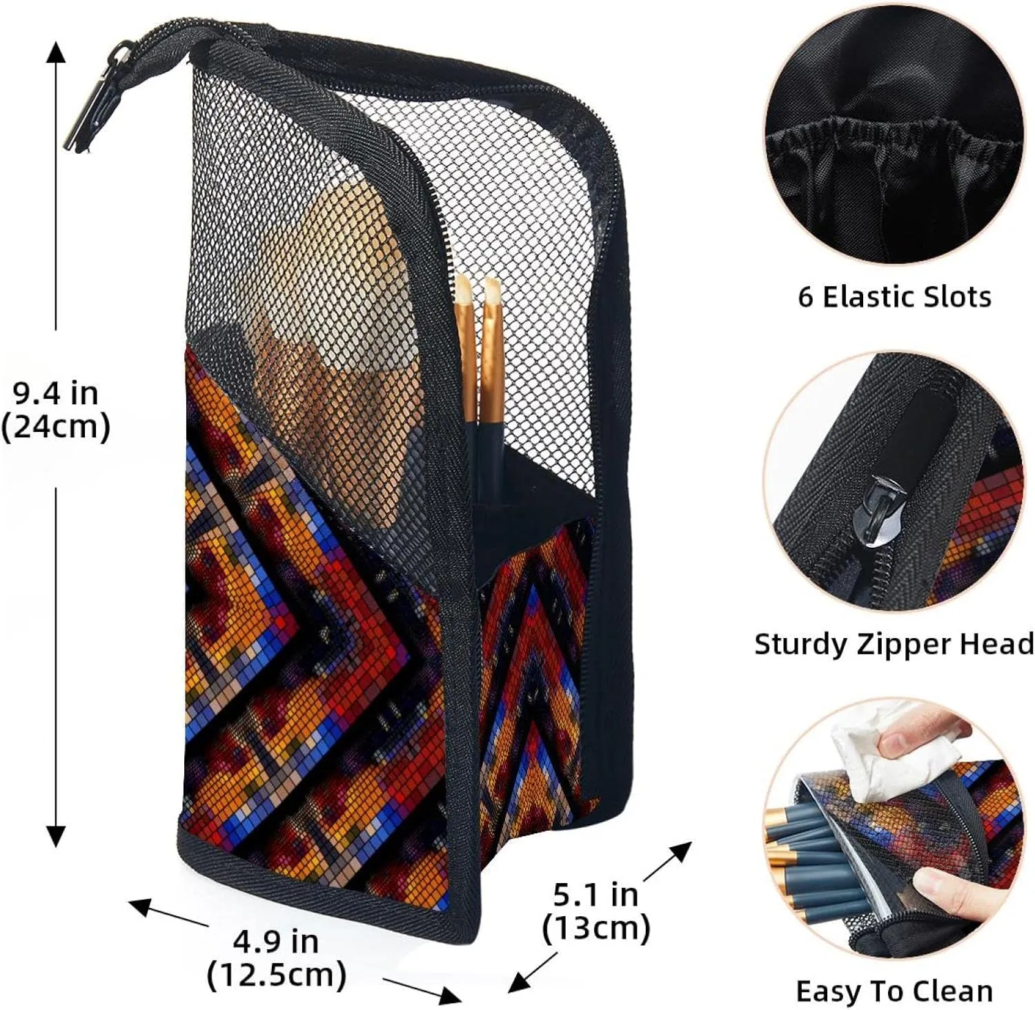 Makeup Brush Organizer Bag, Portable Travel Cosmetic Brush Case with 12 Makeup Brushes, Artistic Geometric Pattern Foldable Makeup Cup for brushes, Eyebrow Pencil