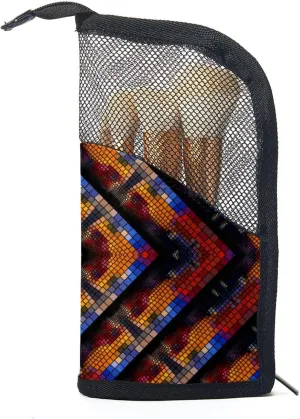 Makeup Brush Organizer Bag, Portable Travel Cosmetic Brush Case with 12 Makeup Brushes, Artistic Geometric Pattern Foldable Makeup Cup for brushes, Eyebrow Pencil
