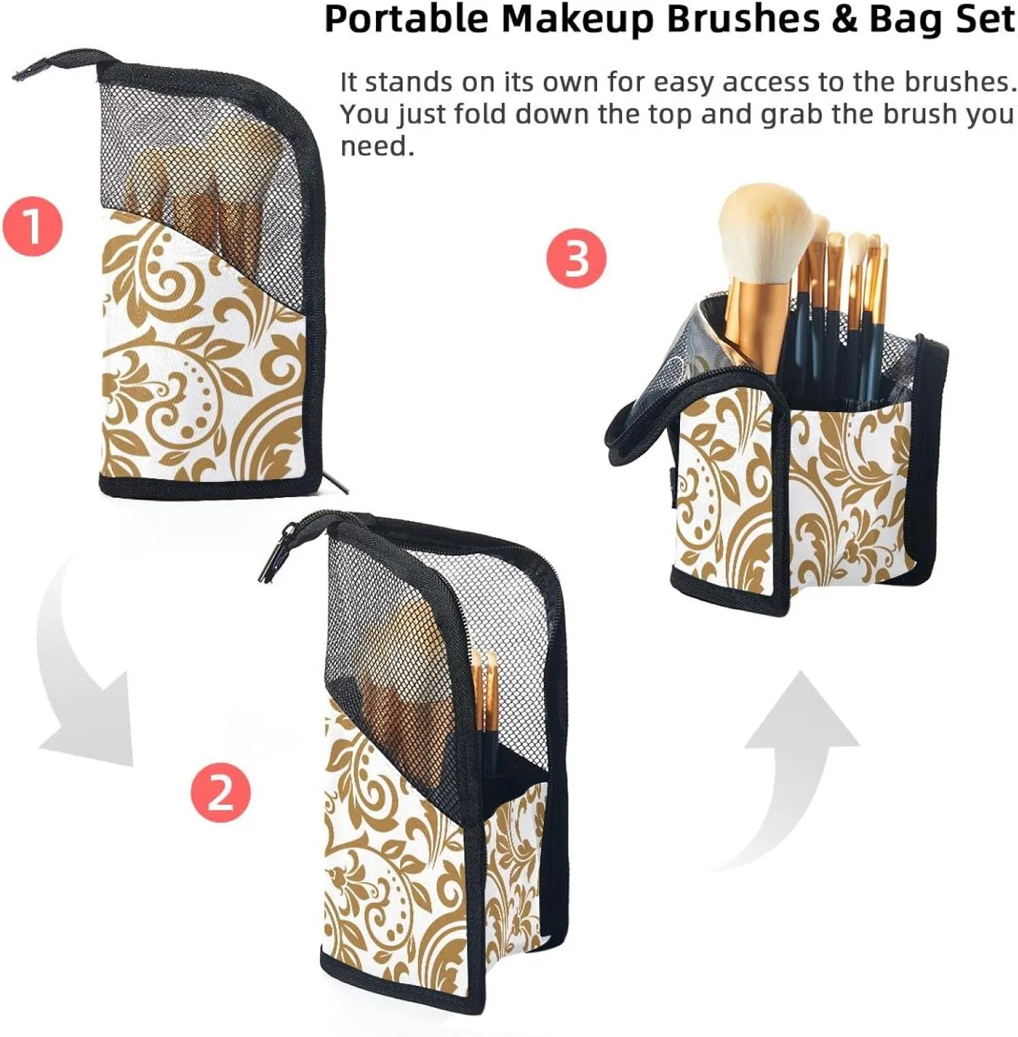 Makeup Brush Organizer Bag, Portable Travel Cosmetic Brush Case with 12 Makeup Brushes, Gold and White Damask Foldable Makeup Cup for brushes, Eyebrow Pencil