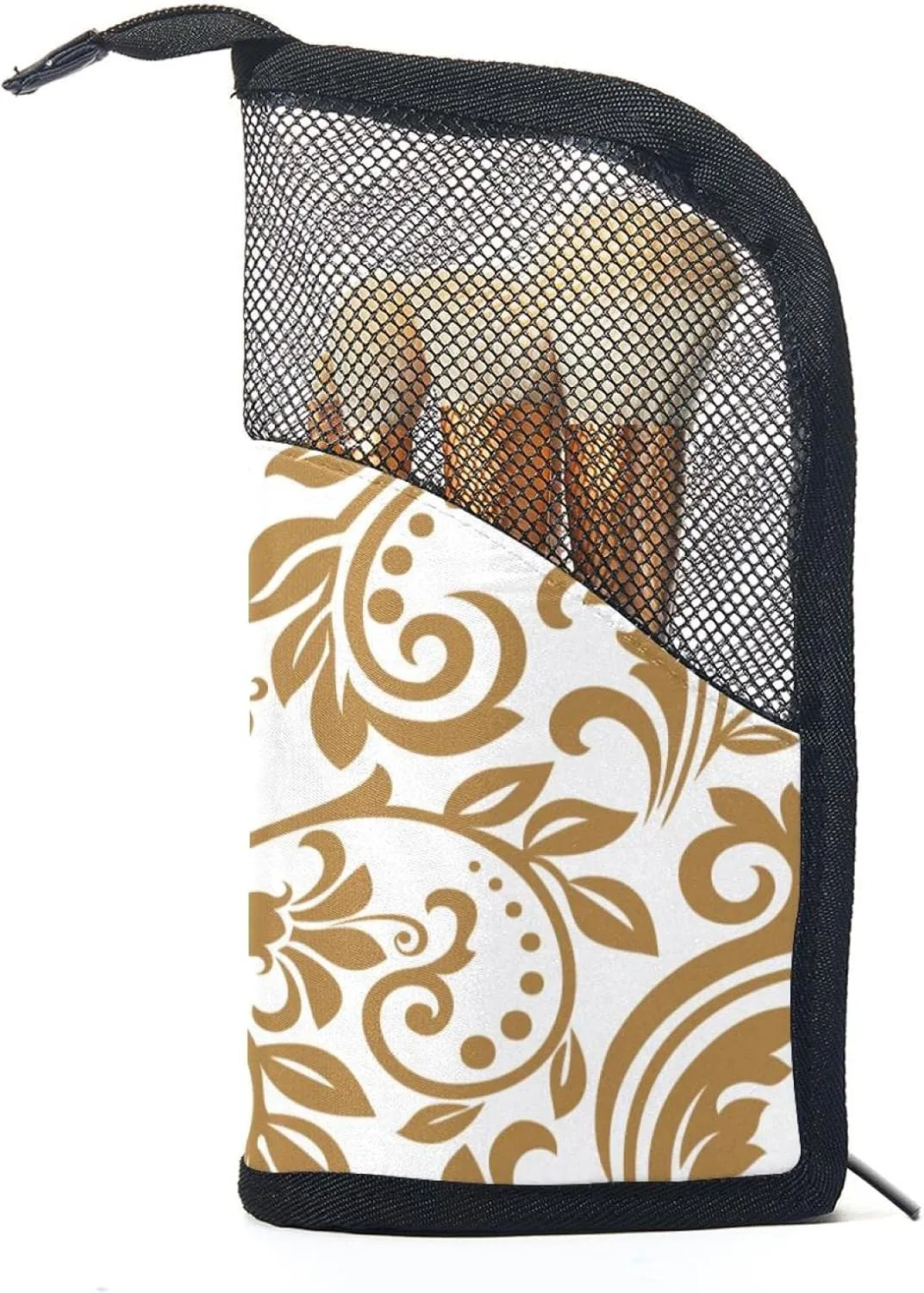 Makeup Brush Organizer Bag, Portable Travel Cosmetic Brush Case with 12 Makeup Brushes, Gold and White Damask Foldable Makeup Cup for brushes, Eyebrow Pencil