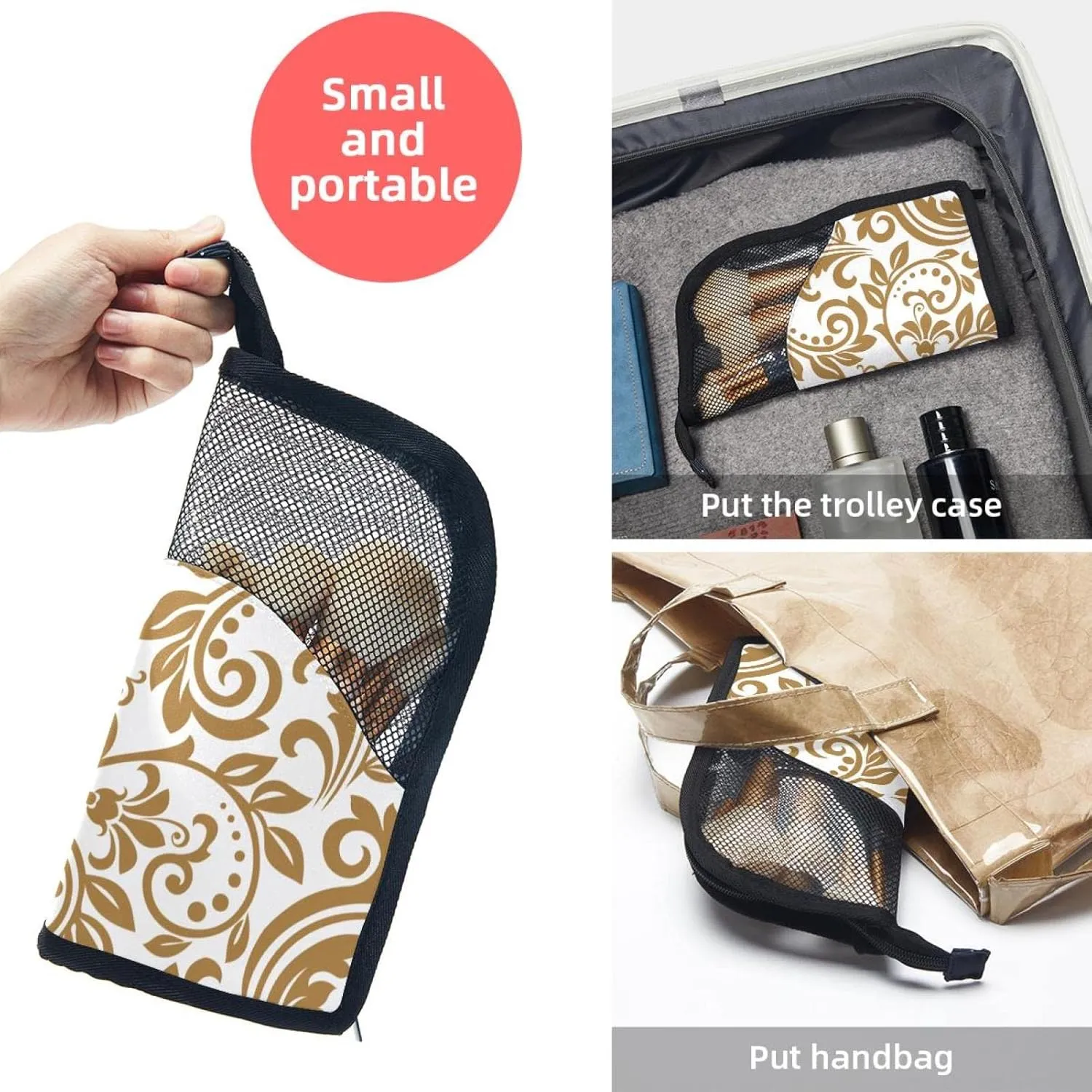 Makeup Brush Organizer Bag, Portable Travel Cosmetic Brush Case with 12 Makeup Brushes, Gold and White Damask Foldable Makeup Cup for brushes, Eyebrow Pencil