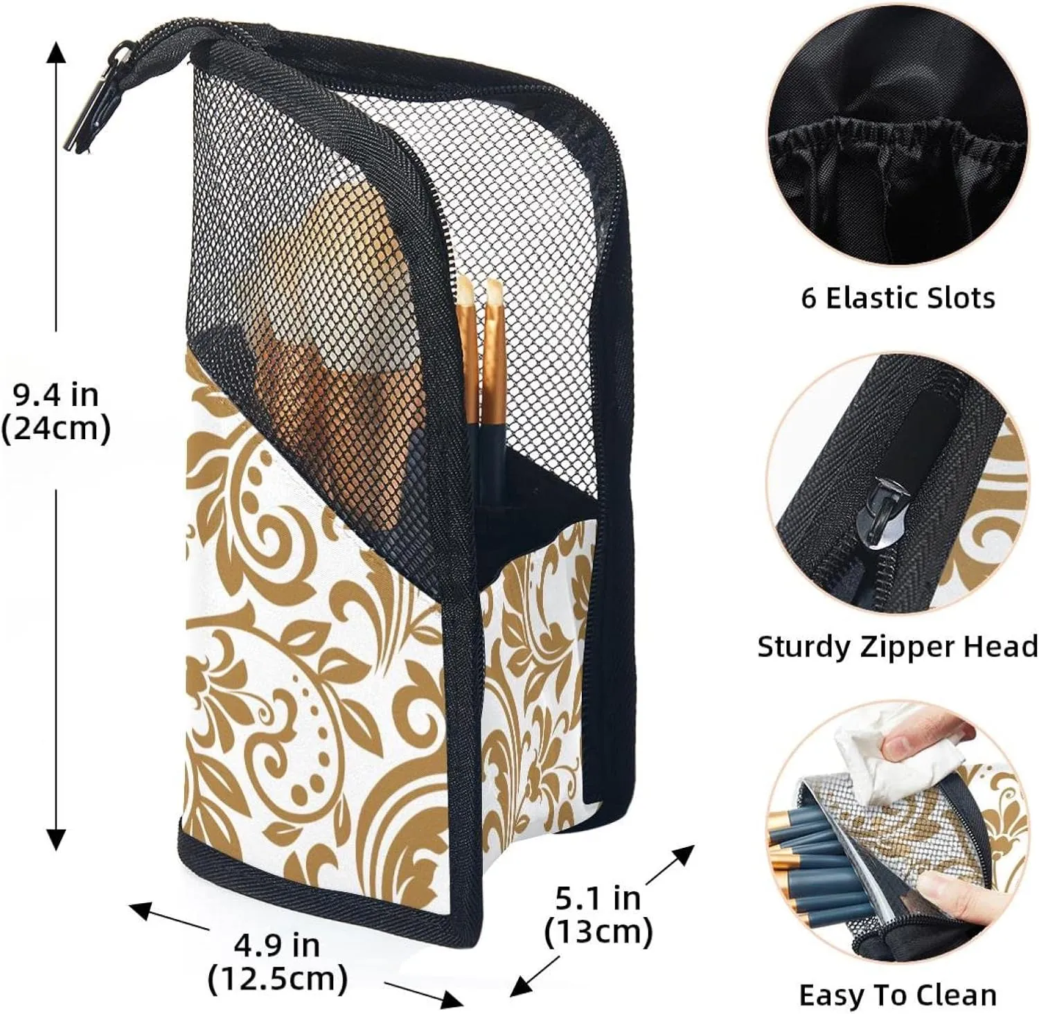Makeup Brush Organizer Bag, Portable Travel Cosmetic Brush Case with 12 Makeup Brushes, Gold and White Damask Foldable Makeup Cup for brushes, Eyebrow Pencil