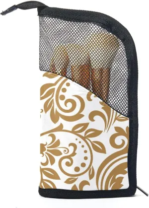 Makeup Brush Organizer Bag, Portable Travel Cosmetic Brush Case with 12 Makeup Brushes, Gold and White Damask Foldable Makeup Cup for brushes, Eyebrow Pencil