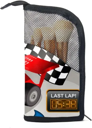 Makeup Brush Organizer Bag, Portable Travel Cosmetic Brush Case with 12 Makeup Brushes, Race Car with Finish Line Flags Pilot and Flames Foldable Makeup Cup for brushes, Eyebrow Pencil