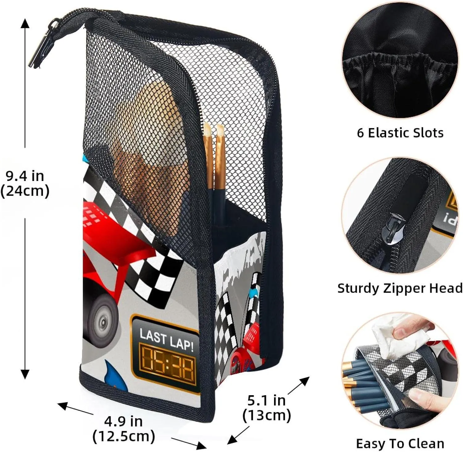 Makeup Brush Organizer Bag, Portable Travel Cosmetic Brush Case with 12 Makeup Brushes, Race Car with Finish Line Flags Pilot and Flames Foldable Makeup Cup for brushes, Eyebrow Pencil