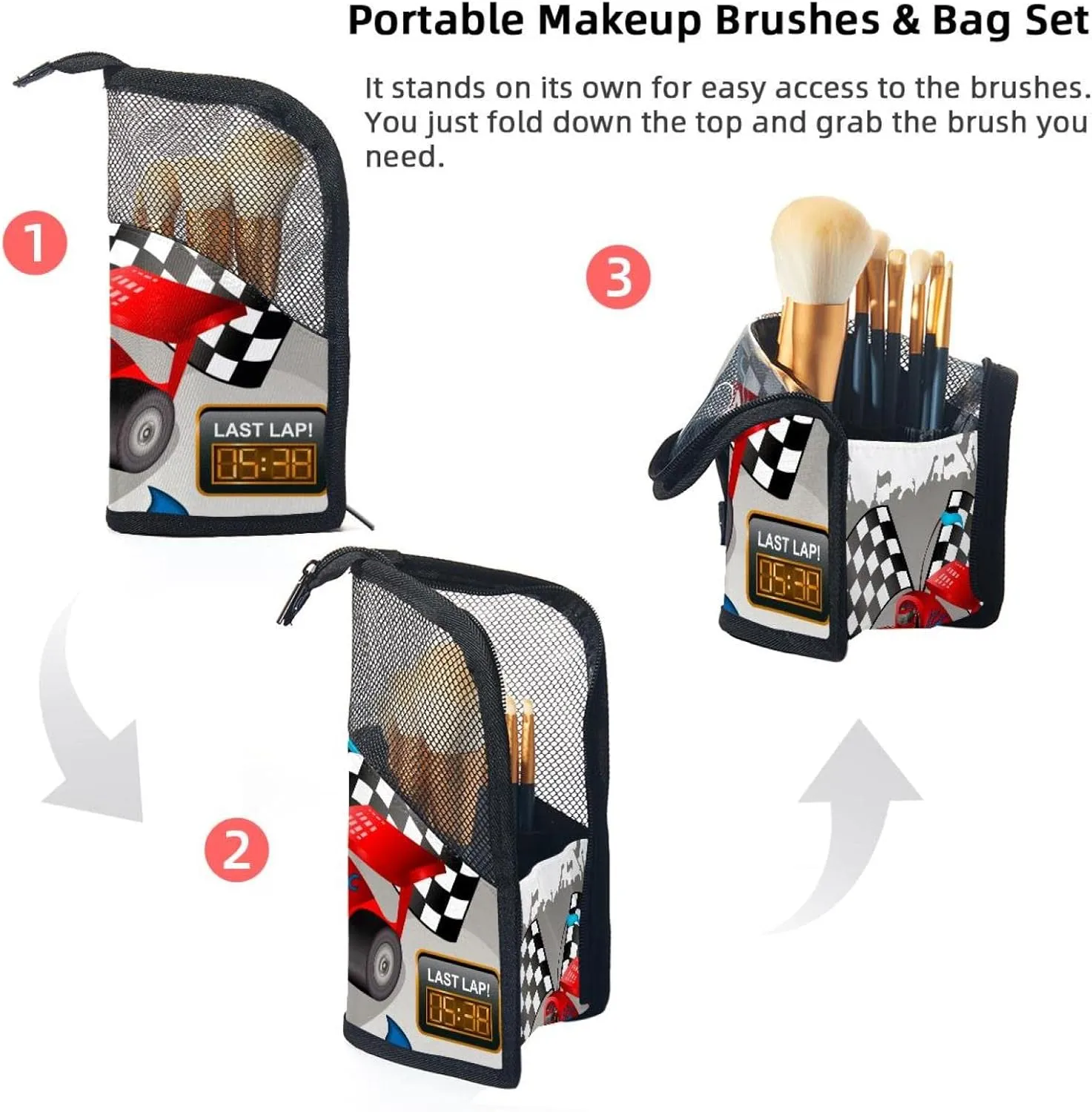 Makeup Brush Organizer Bag, Portable Travel Cosmetic Brush Case with 12 Makeup Brushes, Race Car with Finish Line Flags Pilot and Flames Foldable Makeup Cup for brushes, Eyebrow Pencil