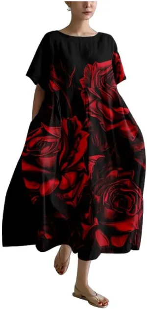 MARSVOVO Boho Maxi Dress for Women 2024 Summer Retro Rose Print Oversized Short Sleeve Western Art Painting Style Dress