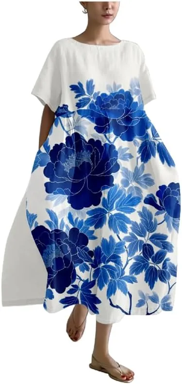 MARSVOVO Boho Maxi Dress for Women 2024 Summer Retro Rose Print Oversized Short Sleeve Western Art Painting Style Dress