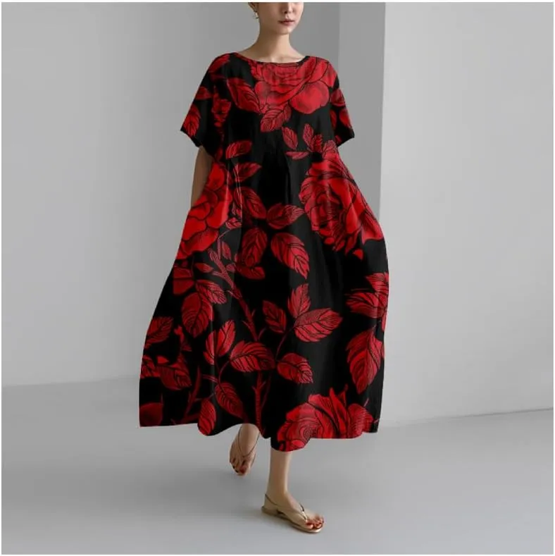 MARSVOVO Boho Maxi Dress for Women 2024 Summer Retro Rose Print Oversized Short Sleeve Western Art Painting Style Dress