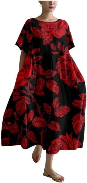 MARSVOVO Boho Maxi Dress for Women 2024 Summer Retro Rose Print Oversized Short Sleeve Western Art Painting Style Dress