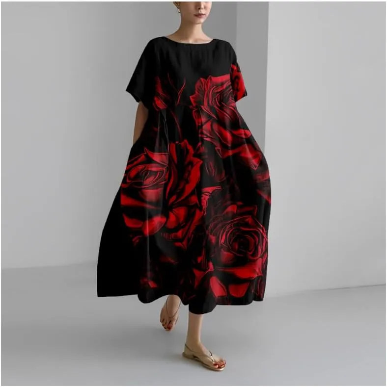 MARSVOVO Boho Maxi Dress for Women 2024 Summer Retro Rose Print Oversized Short Sleeve Western Art Painting Style Dress