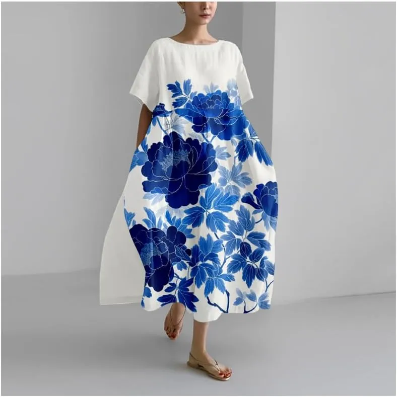 MARSVOVO Boho Maxi Dress for Women 2024 Summer Retro Rose Print Oversized Short Sleeve Western Art Painting Style Dress
