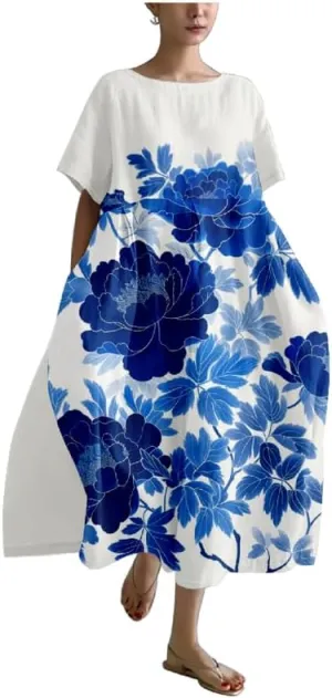 MARSVOVO Boho Maxi Dress for Women 2024 Summer Retro Rose Print Oversized Short Sleeve Western Art Painting Style Dress