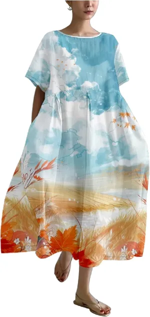 MARSVOVO Women's Summer Dress Vintage Country Scenery Oil Painting High Waist Ruffle Hem Oversized Lounge Loose Sundress