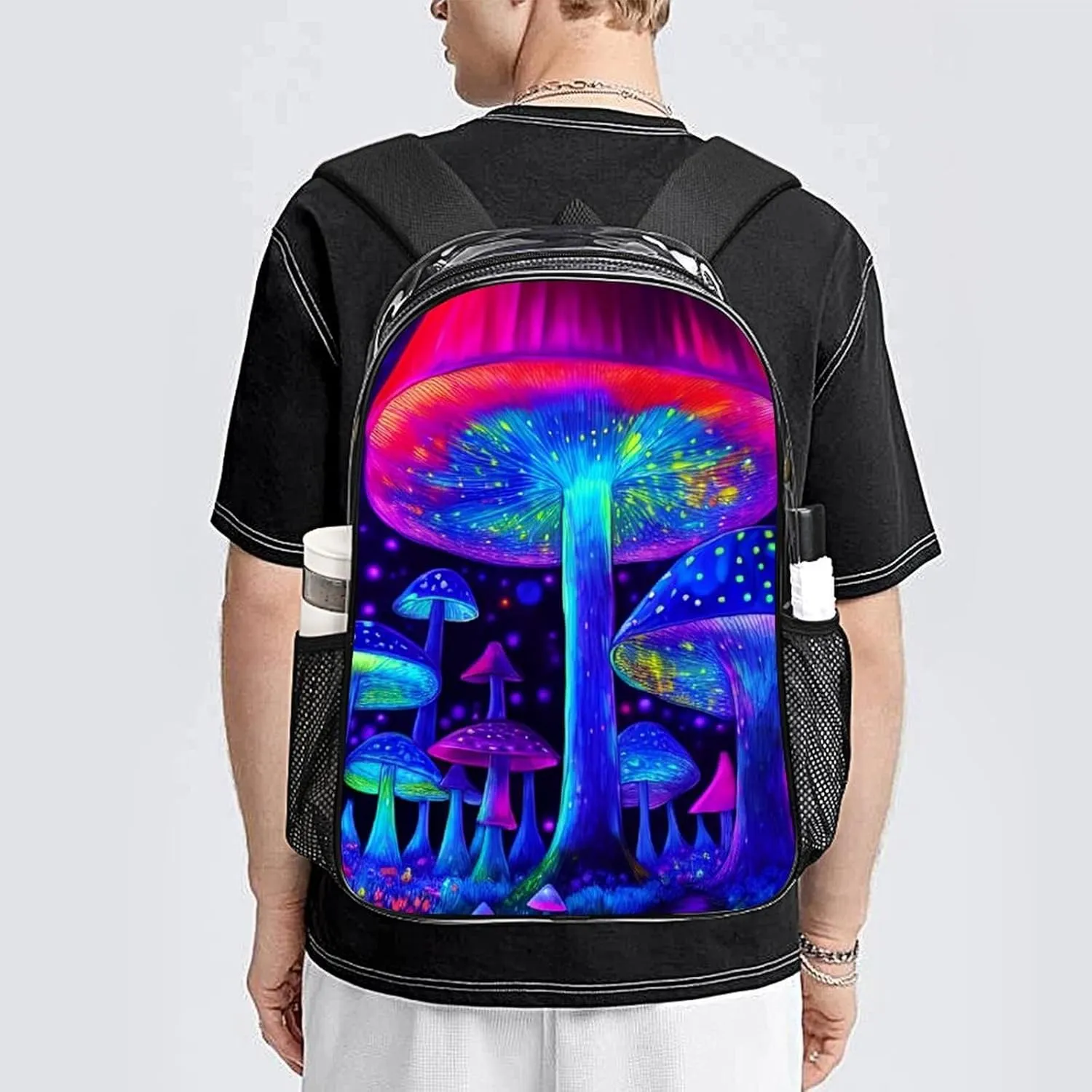 Men & Women Lightweight Magic Mushrooms Fairytale Mushrooms Scenery Psychedelic Art Casual Daypack Large Capacity Bookbag Transparent Bag for Gym Business Bicycle