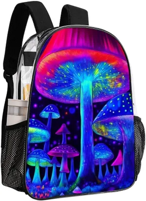 Men & Women Lightweight Magic Mushrooms Fairytale Mushrooms Scenery Psychedelic Art Casual Daypack Large Capacity Bookbag Transparent Bag for Gym Business Bicycle