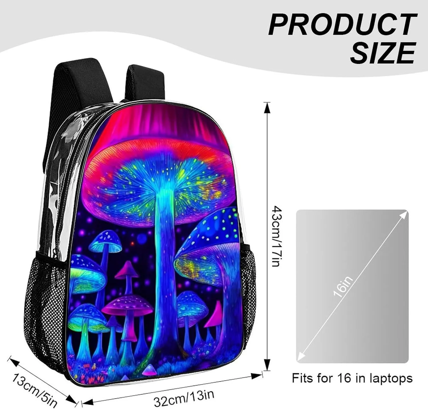 Men & Women Lightweight Magic Mushrooms Fairytale Mushrooms Scenery Psychedelic Art Casual Daypack Large Capacity Bookbag Transparent Bag for Gym Business Bicycle